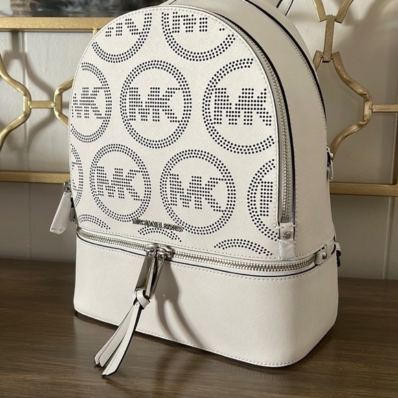 Michael Kors Rhea White/Silver Medium Leather Backpack - Picture 8 of 14